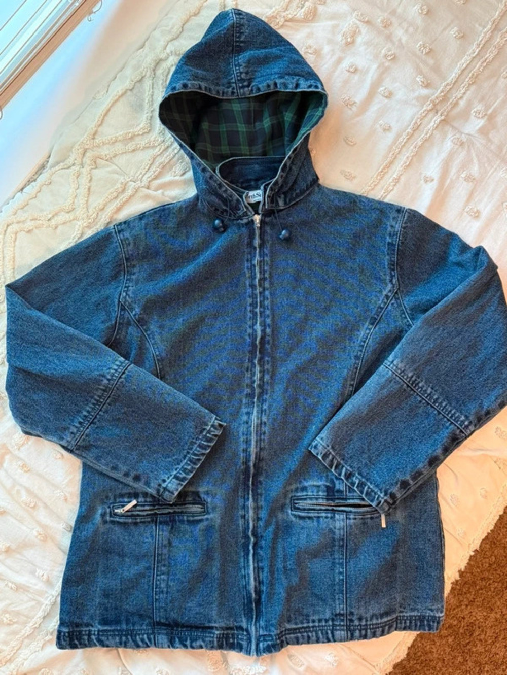 Vintage NorthStyle Blue Denim Plaid Lined Hooded Jacket Size L 90s